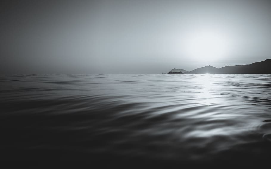 blackandwhite, calm, coast, islands, sea, sunset, waves, water, tranquility, fog