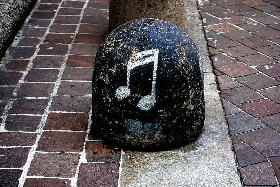 nota, pedra, clave, música, arte, poste de amarração, limite, rua, passeio, dia