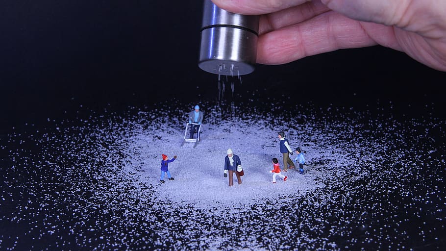 winter, road salt, miniature figures, salt shaker, snow, ice, smoothness, snow shovel, wintertime, snow slide
