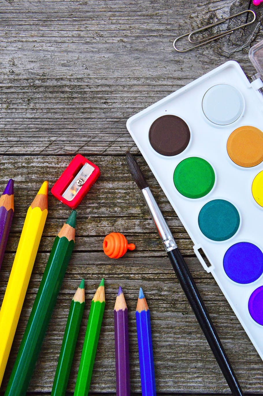 school tools, color, crayon, paint, brush, tool, education, design, creative, draw