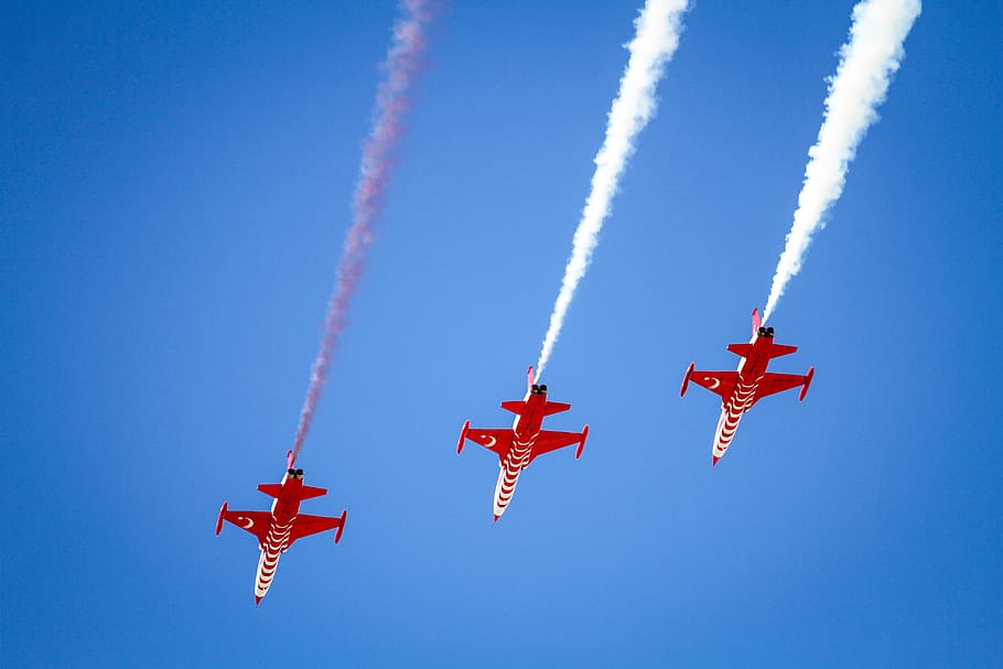 airplane, smoke, aircraft, vehicle, flight, fighter, aerobatics, red, flying, air
