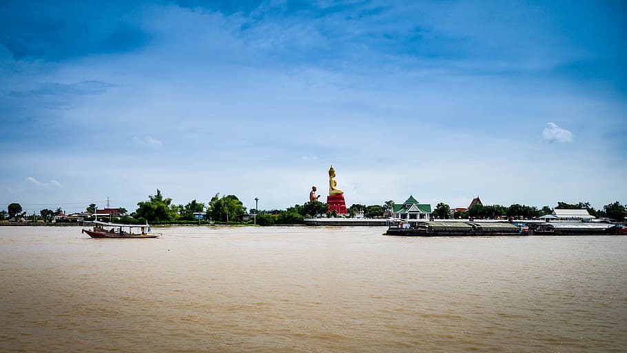 La estatua de Buda, Tailandia, se sienta, el borde del río, el budismo, Buda, estatua, religión, Asia, budista