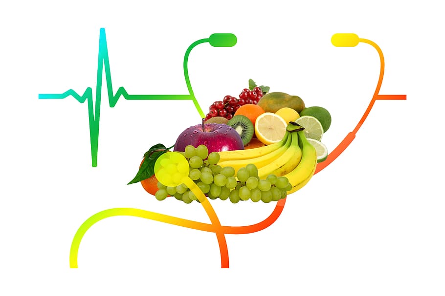 corazón, salud, pulso, fruta, nutrición, vitaminas, plátano, uvas, manzana, naranja