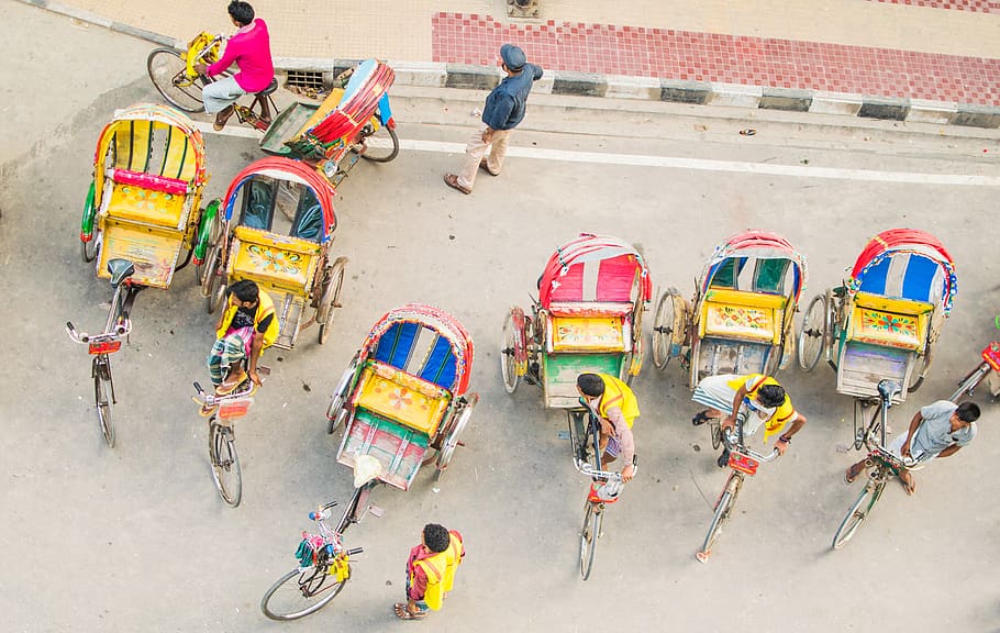 rickshaw, street, color, yellow, rickshaw puller, pedal, bangladesh, dhaka, transportation, travel