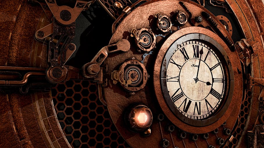Steampunk, reloj, tiempo, antiguo, fondo, engranajes, metal, movimiento, máquina, retro