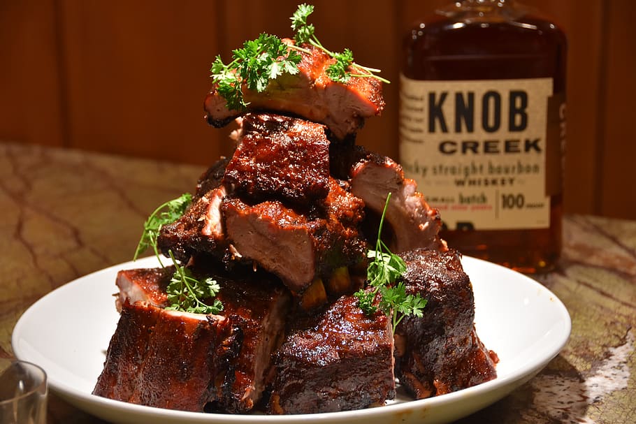 ribs, pork ribs, pile of ribs, bourbon, knob creek, food and drink, food, freshness, meat, close-up