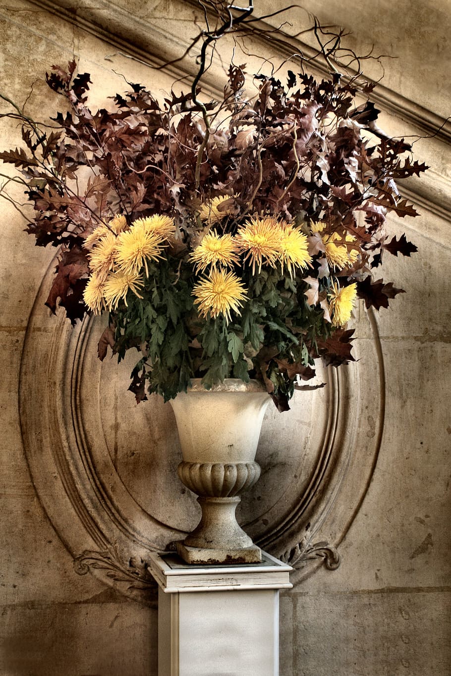 view, white, ceramic, vase, yellow, brown, flowers, antique, art, beautiful