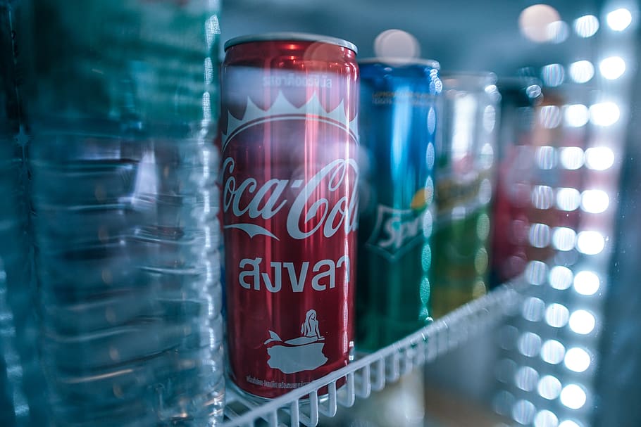 cola, bebidas, marca, lata, carbonatada, coca cola, refrescar, beber, refrigerador, vidrio