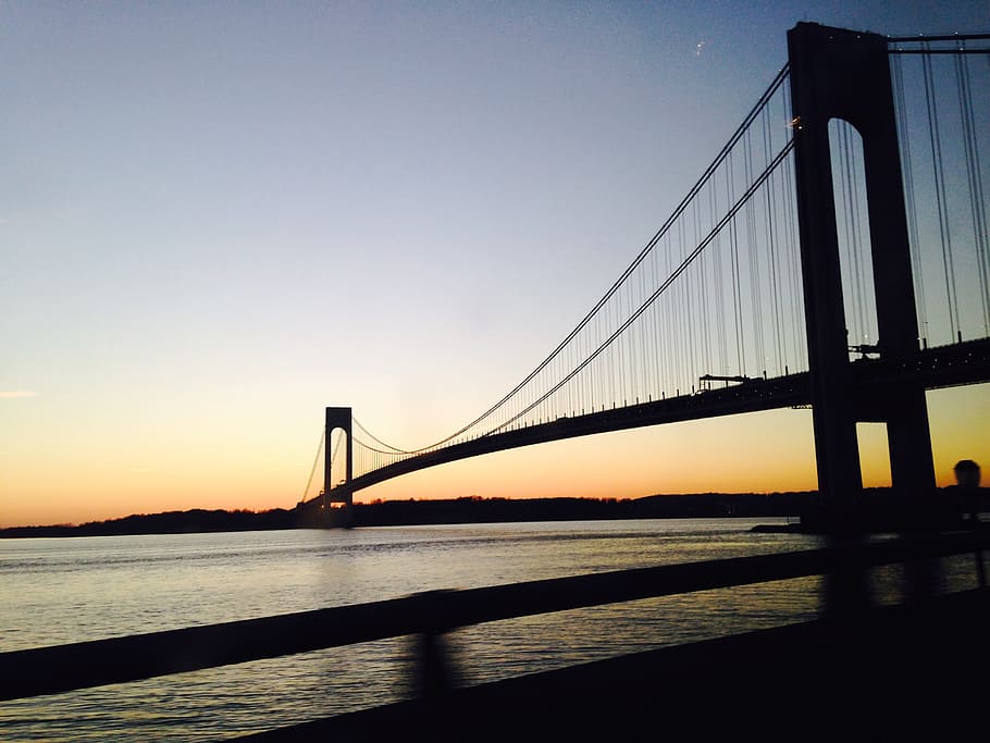 bridge, water, sunset, suspension bridge, no person, sky, dawn, suspension, transportation system, travel