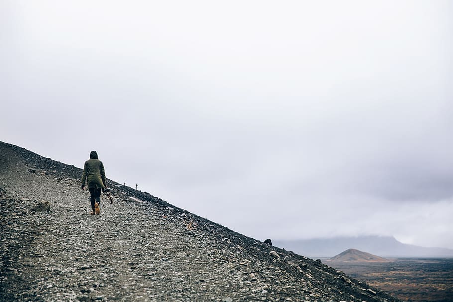 hiker, carrying, camera, gravel hill, adventure, adventurer, formation, jacket, landscape, mountain