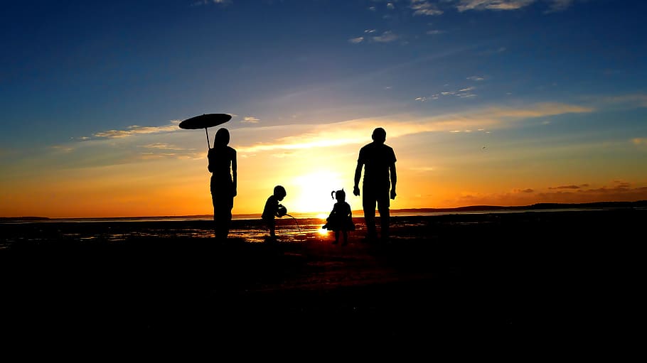 puesta de sol, familia, paseo marítimo, conjunto, silueta, feliz, naturaleza, familiar, niño, cielo