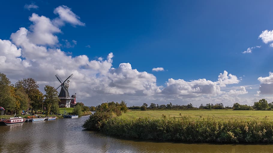 greetsiel, windmills, channel, windmill, east frisia, northern germany, north sea, zwillingsmühlen, vacations, places of interest