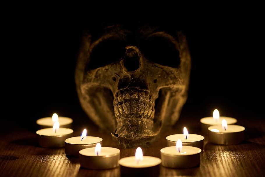 crânio, velas, venda, satanismo, religião, morte, noite, dia das bruxas, atmosfera, natal