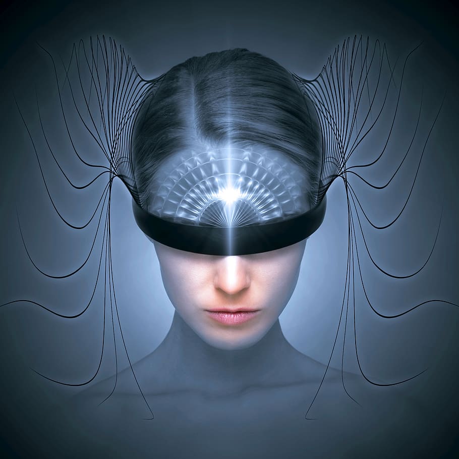 cd cover, face, woman, futuristic, science fiction, surreal, composing, photomontage, mystical, girl