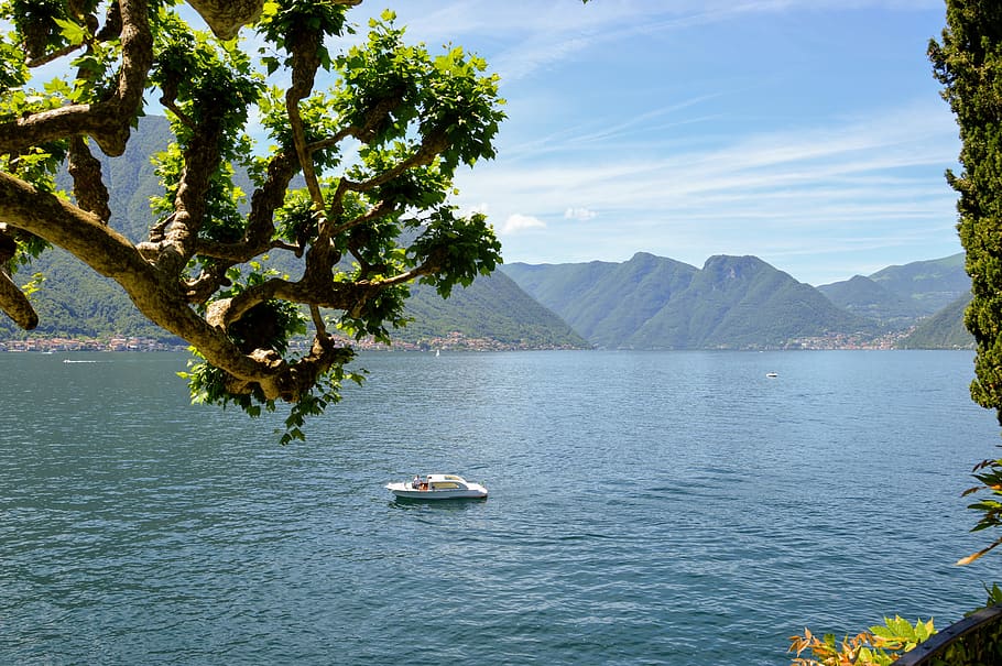 lario, como, lago, natureza, barco, azul, agua, árvore, paisagem, céu