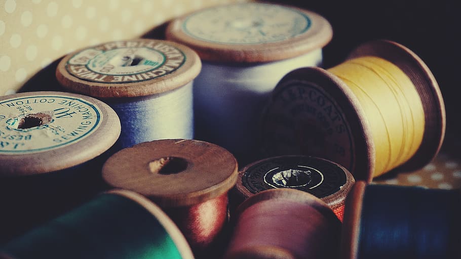 cotton reels, sewing, sewing thread, vintage, wooden, variation, close-up, choice, indoors, finance