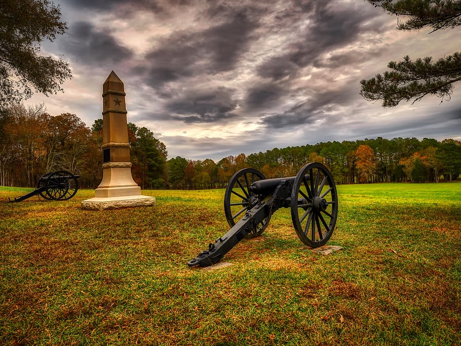 campo de batalla de chickamauga, guerra civil americana, cañón, monumento, hitos, histórico, militar, otoño, paisaje, escénico