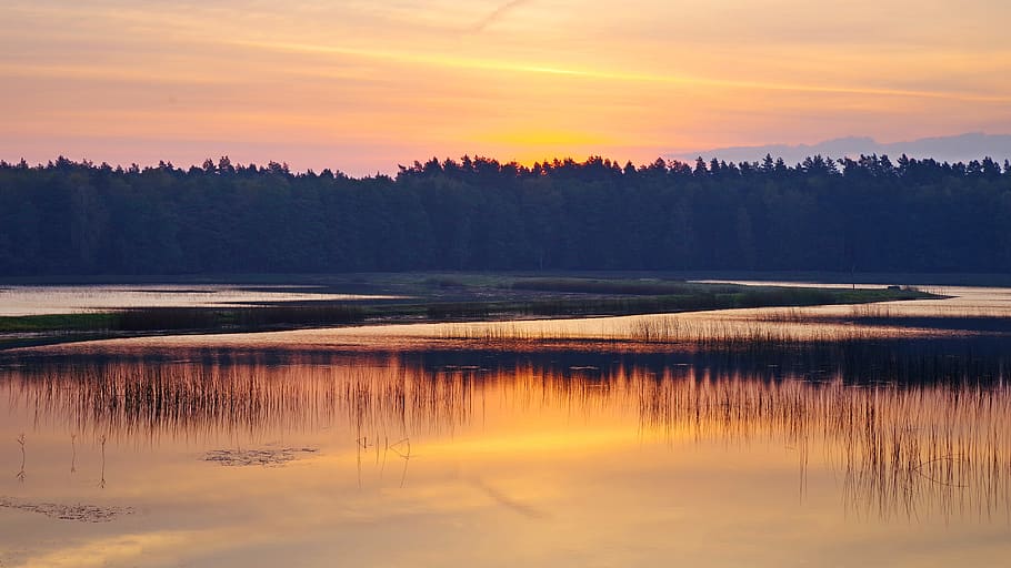 poland, the joint echo, mite, morning glow, dawn, reflection, sunrise, landscape, water, sky