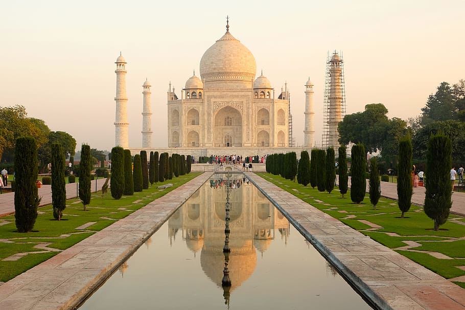 Taj Mahal, India, arquitectura, agua, reflexión, destinos de viaje, cielo, lago, árbol, planta