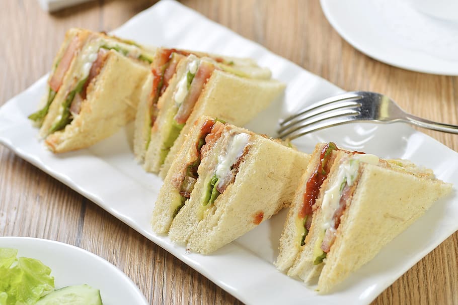 sandwiches on plate, food and Drink, bread, sandwich, food, plate, healthy eating, fork, freshness, ready-to-eat