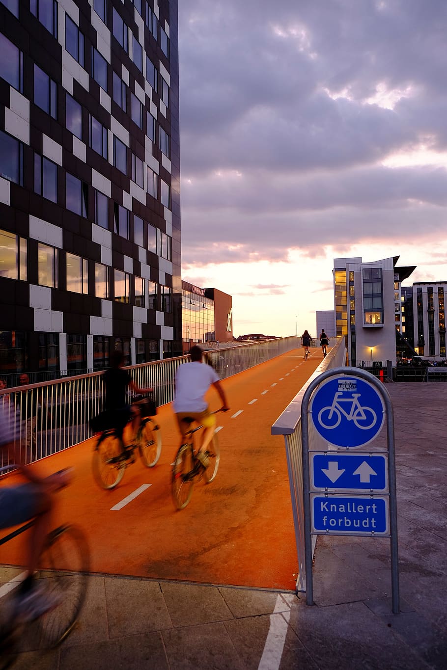 bicycle, establishment, structure, sport, infrastructure, windows, building, bridge, clouds, sky