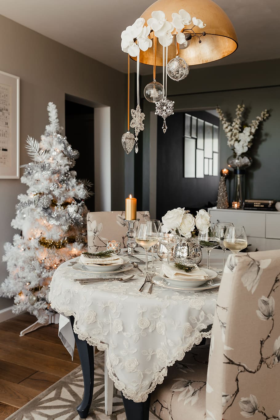 silver christmas decorations, christmas, silver, decorations, xmas, christmas eve, dining, dining room, table, indoors