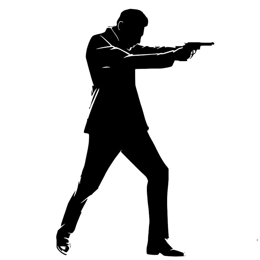 silhouette illustration, secret, agent point, gun, aggressive, stance., adventure, agent, character, crime