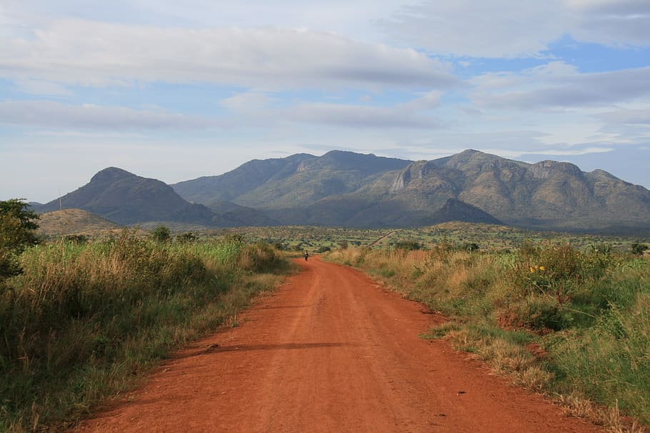 africa, sand road, horizon, uganda, road, landscape, nature, away, mountain, sky