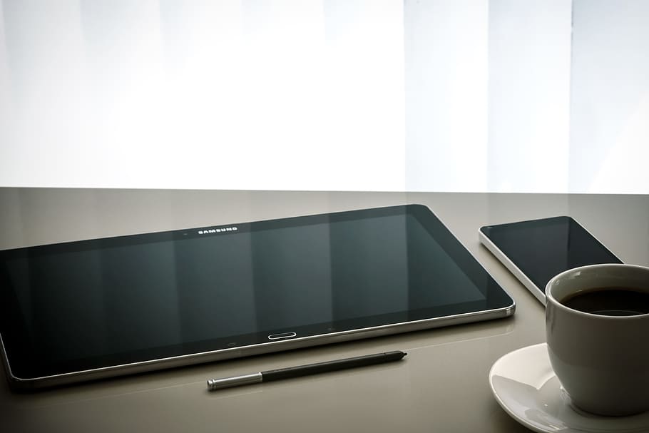 tablet, samsung, caneta, mesa, escritório, trabalho, negócios, café, preto, moderno