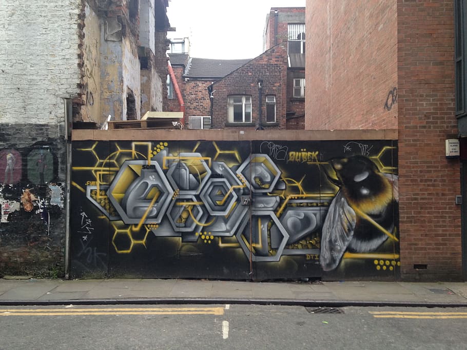 abeja, obras de arte en nido de abeja, vallas en el sitio, tib street, manchester., manchester, nido de abeja, street art, graffiti, mural