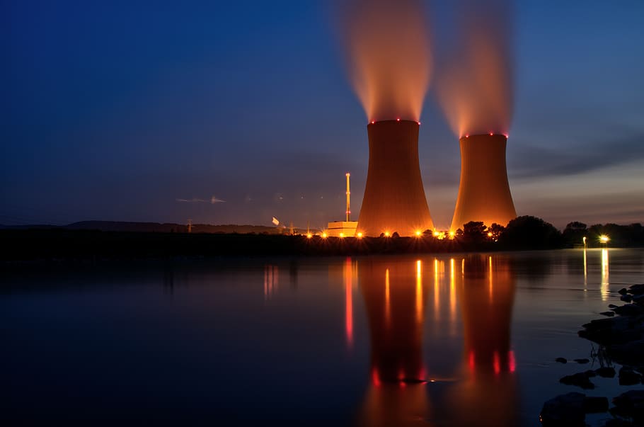 energy, nuclear power plant, grohnde, weser, river, evening, abendstimmung, steam, power plant, current