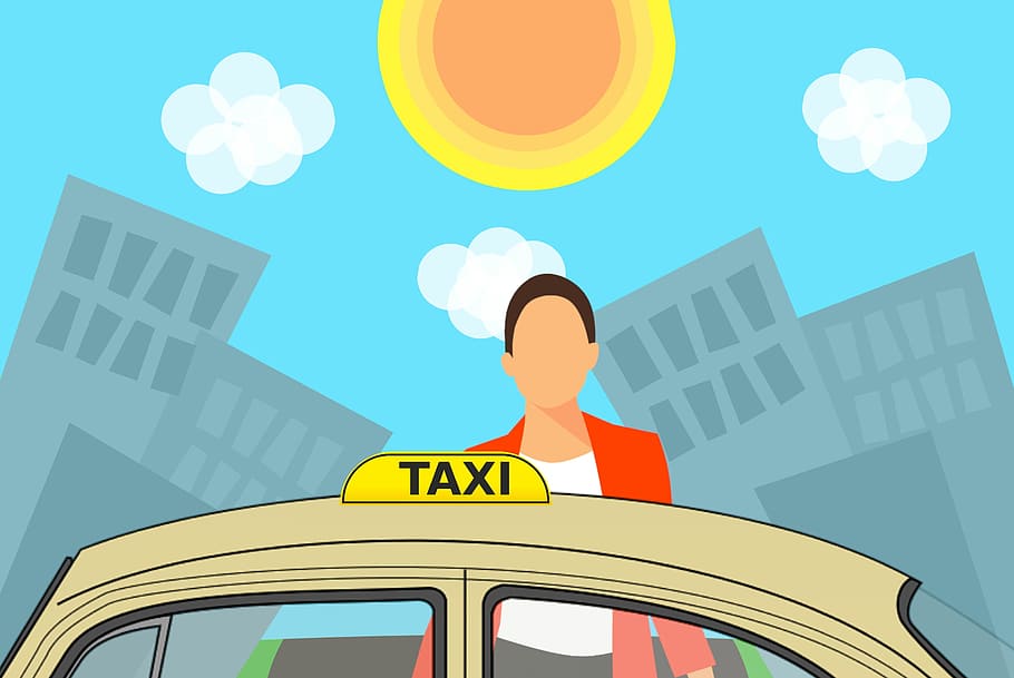 ilustração, mulher, ficando, táxi, cidade, menina, carro, manhã, passageiro, porta
