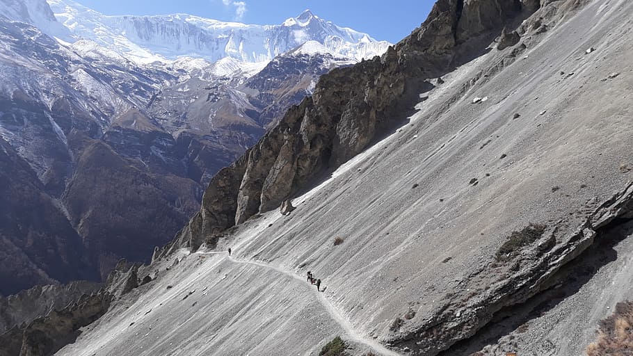 small, group, adventurers, nepal, nature, himalayas, mountain, snow, fresh, beautiful