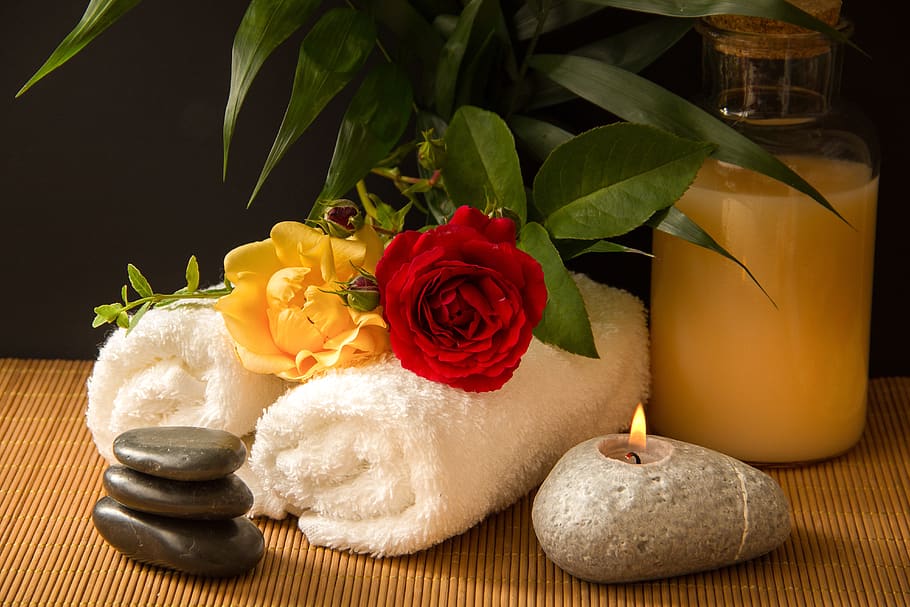 wellness, carafe, towels, white, rolled, candle, light, stones, black, rose