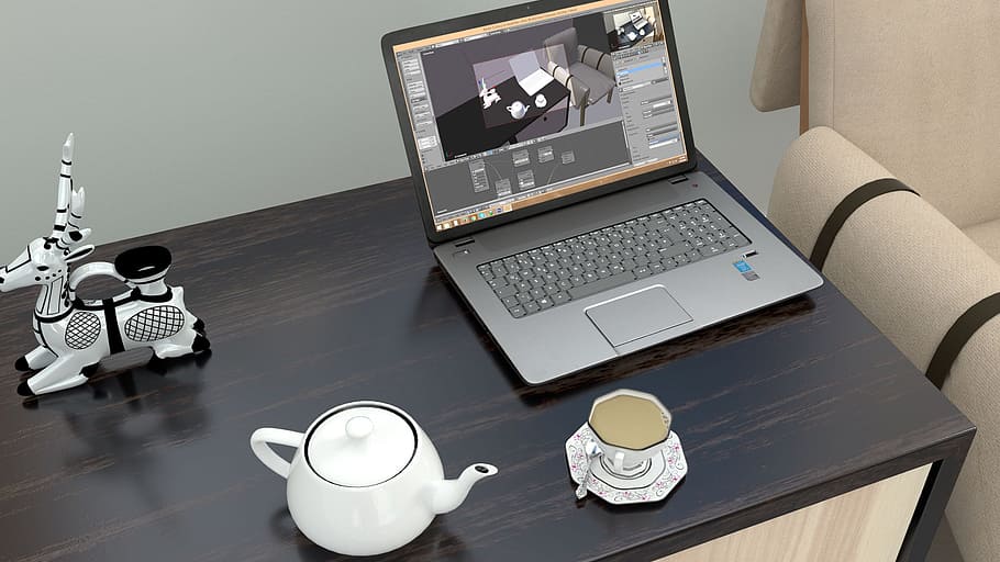 утренний чай, модель ноутбука, 3-й, 3д, Утро, поздний завтрак, компьютер, чашка, ноутбук, модель