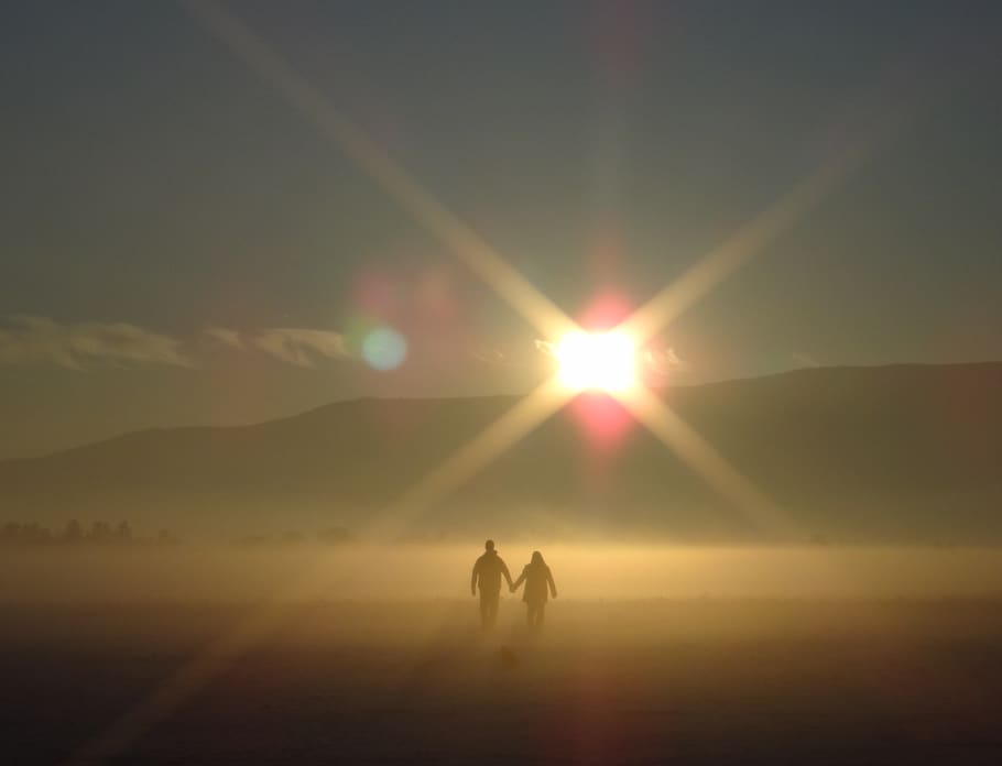 sunset, couple, holding hands, walking, love, romantic, twilight, dusk, silhouette, romance