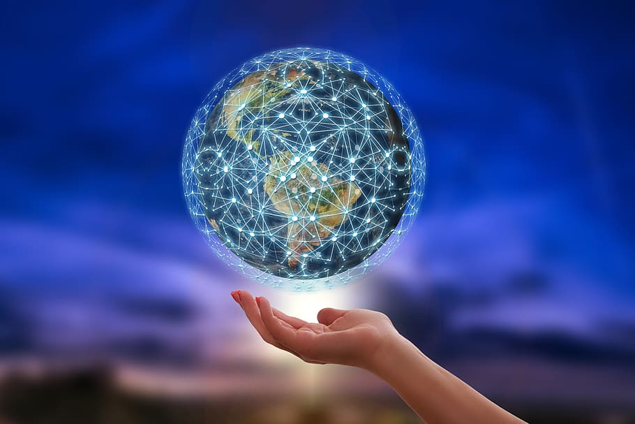jaringan, bumi, rantai blok, bola dunia, digitalisasi, komunikasi, di seluruh dunia, tangan, berhenti, keamanan