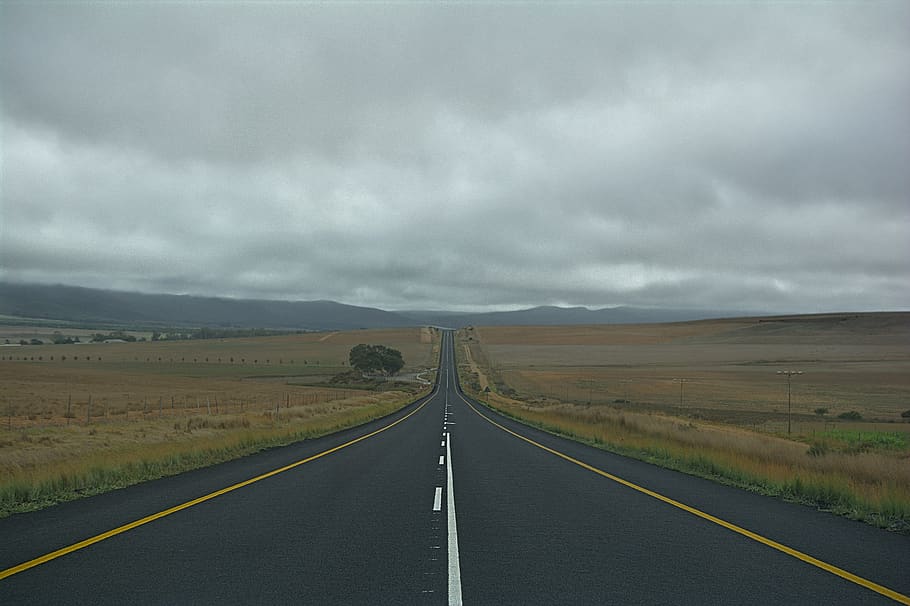 road, straight, long, grey, cloudy, sky, nature, highway, direction, streets