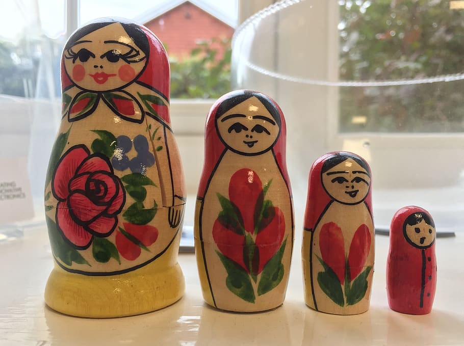 Ruso, muñecas, juguete, pintado, de madera, anidando, babushka, tradicional, matryoshka, hecho a mano