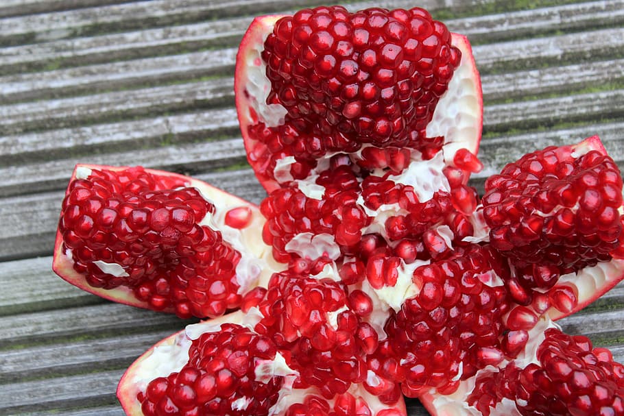 pomegranate, exotic fruits, fruits, cut, sliced, open, seeds, nature, vitamins, red