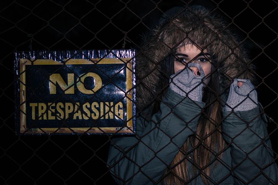girl, no trespassing, sign, typography, text, cold, smile, female, woman, jacket