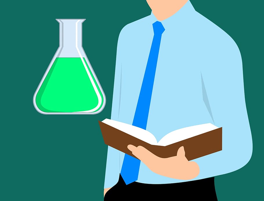 man, open, textbook, erlenmeyer flask, flask., science illustration, illustration., chemicals, guide book, molecule