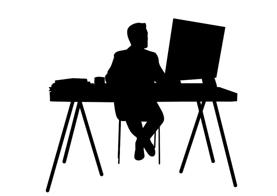 preto, silhueta, branco, fundo, trabalhador de escritório, estação de trabalho., trabalho, empregado, homem de negócios, computador