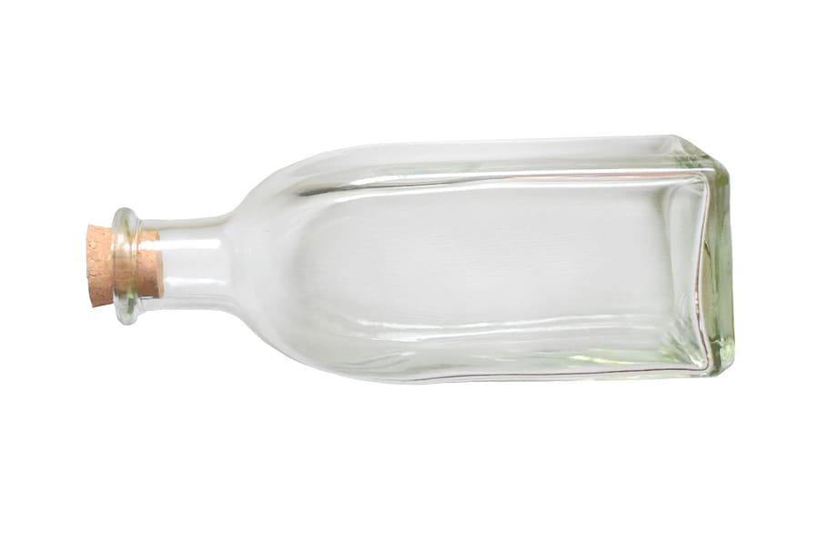 bottle, clear, glass, translucent, cork, studio shot, white background, cut out, single object, indoors