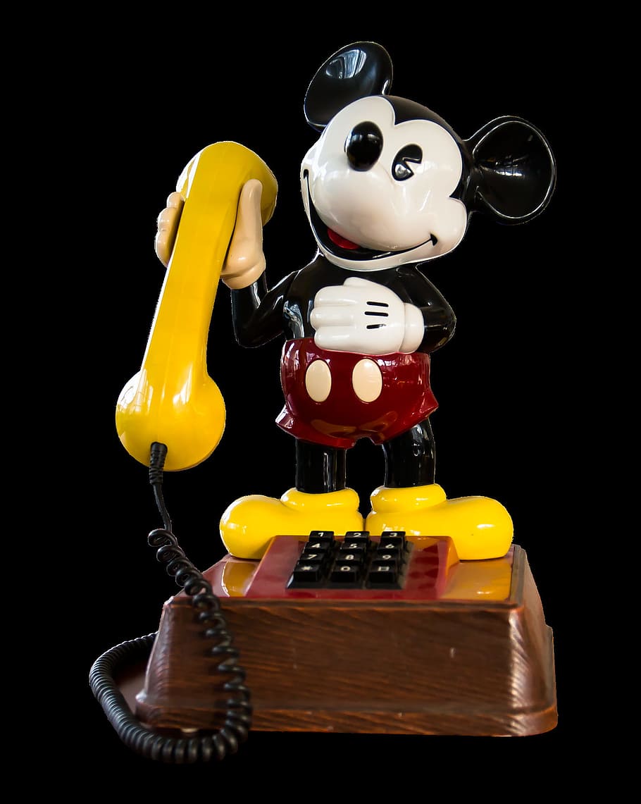 mickey, mouse, fig, figure, cartoon, object, telephone, toy, black background, studio shot