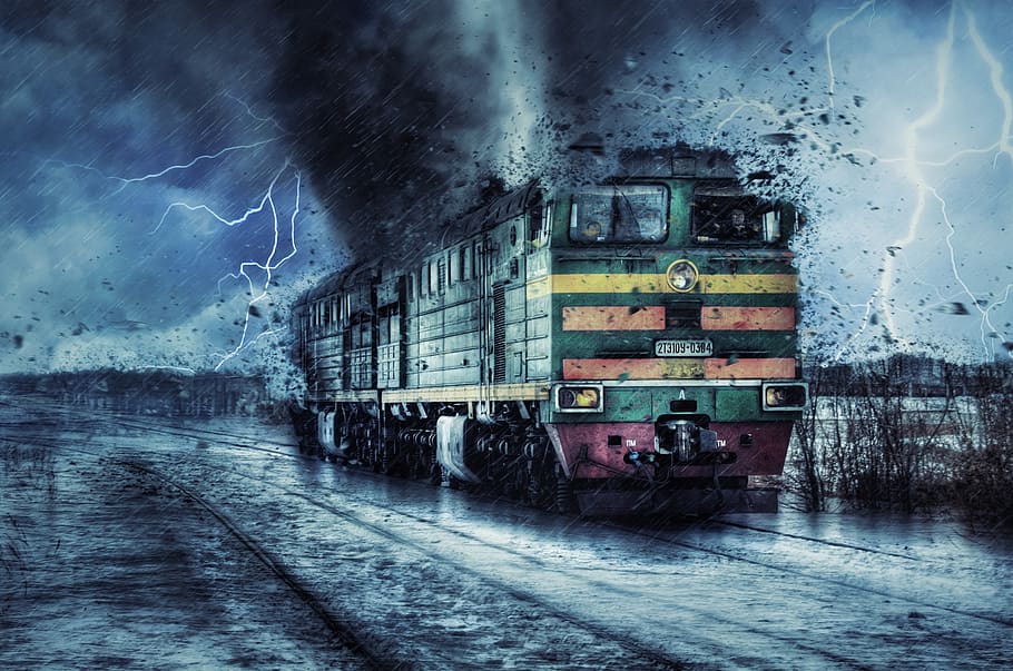 trem, destroços, desastre, tempestade, tornado, relâmpago, mau tempo, chuva, destruição, locomotiva