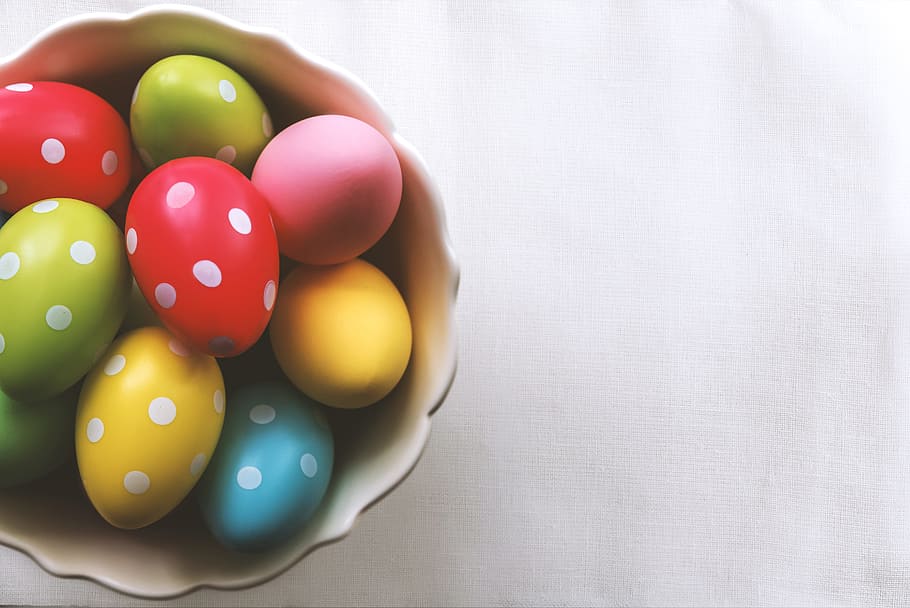 happy, easter!, bowl, full, easter, eggs., multi colored, indoors, celebration, ball