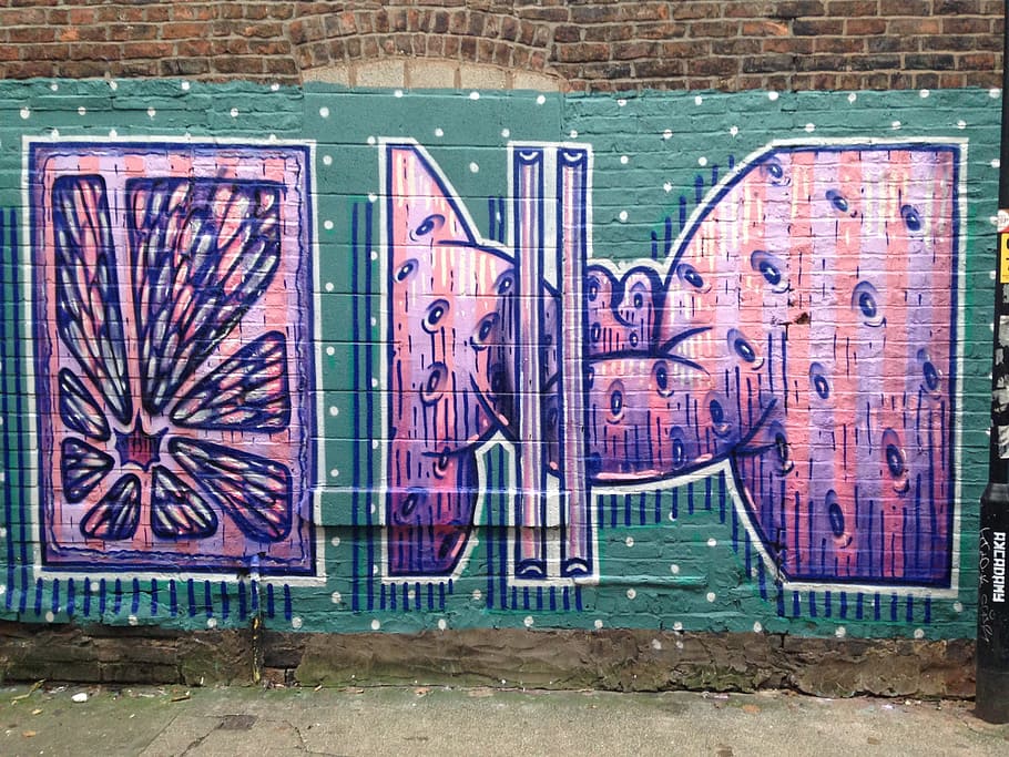 hermoso, arte callejero, espalda, turner street, manchester, norte, barrio., graffiti, barrio norte, pared de ladrillo