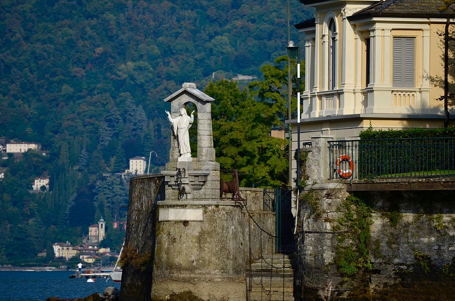statue, italy, sculpture, lake, como, architecture, christ figure, house, lombardy, built structure