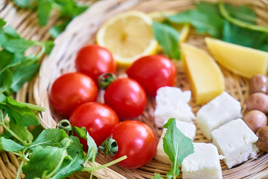 tomat, sarapan, mediterania, keju, zaitun, makanan, sayur, segar, nutrisi, sehat